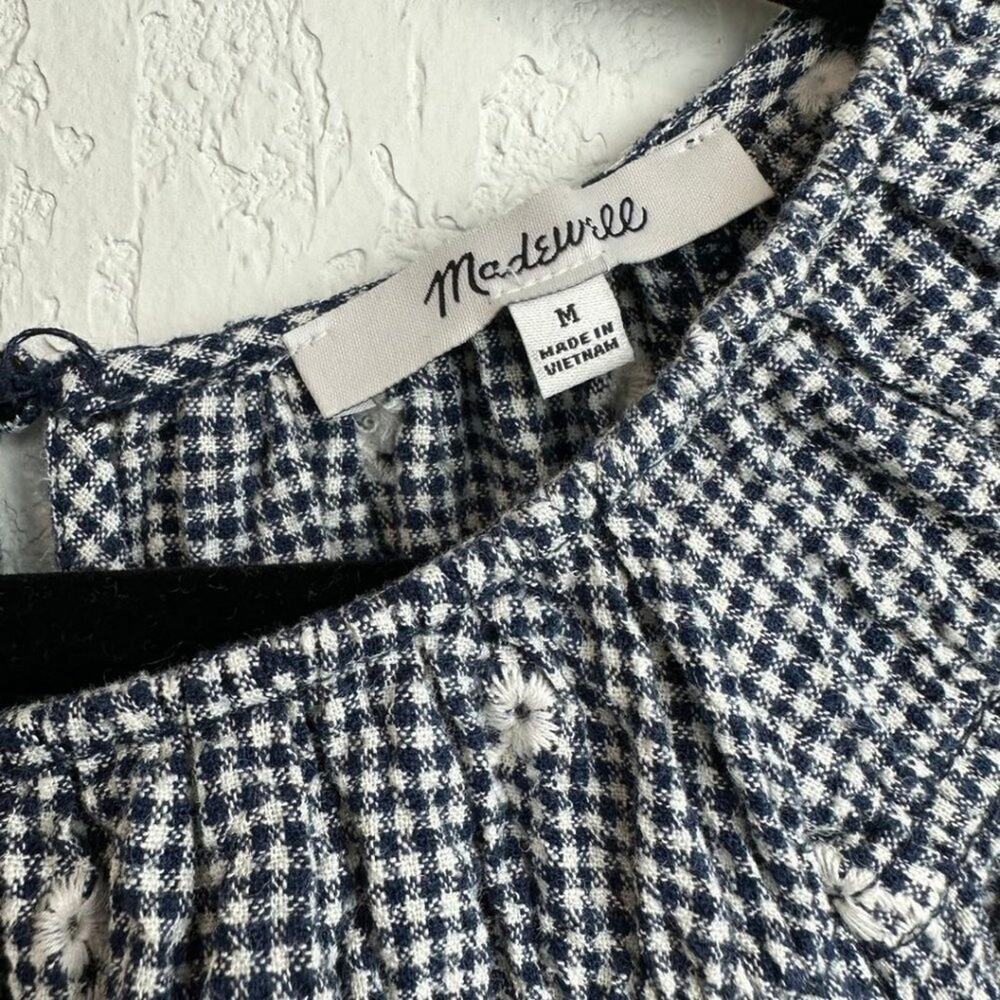 Madewell Embroidered Gingham Shirred Puff-Sleeve Top M - Picture 6 of 12